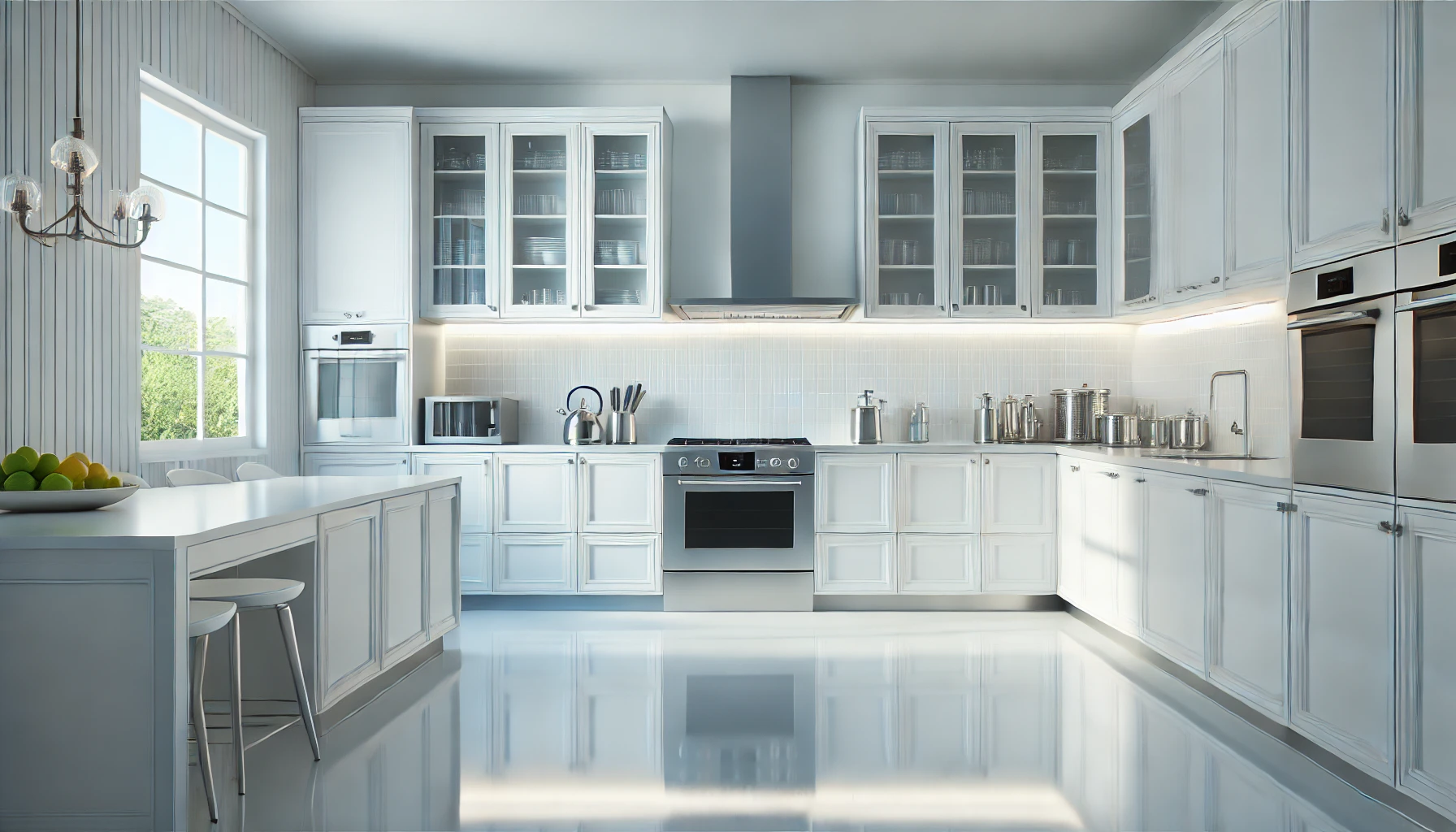 DALL·E 2024 12 19 14.57.15 A clean modern kitchen without any people featuring shiny countertops polished stainless steel appliances white cabinets and a bright reflective